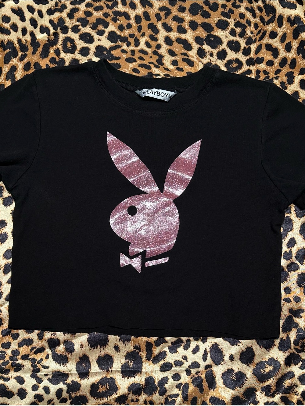 ❌SOLD❌Playboy Black Crop T-Shirt with Pink Metallic Bunny Logo *See Description*
